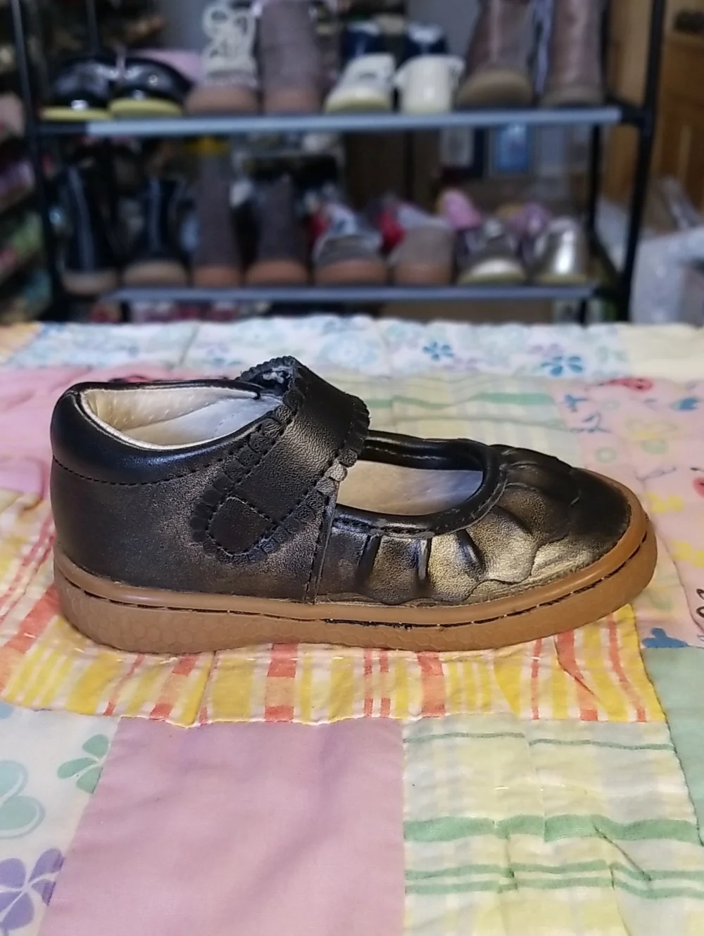 Livie & Luca Black Ruche Mary Jane Shoes with Gold Overspray Size 4
